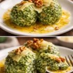 Selbstgemachte Spinatknödel auf einem Teller, serviert mit Butter und Parmesan.