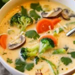 Leckere Thai-Kokos-Suppe mit frischem Gemüse serviert in einer Schüssel