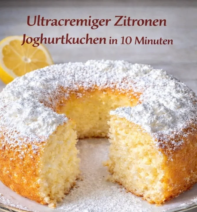 Ultracremiger Zitronenkuchen mit Joghurt auf einem Teller serviert.