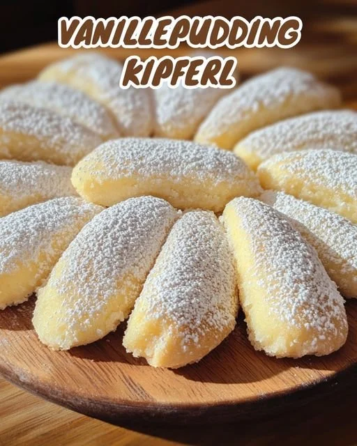 Vanillekipferl mit Pudding auf einem dekorativen Teller