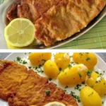 Wiener Schnitzel serviert mit Zitrone und Petersilie auf einem Teller.