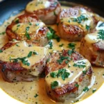 Zarte Schweinemedaillons in Senf-Sahnesauce serviert auf einem Teller