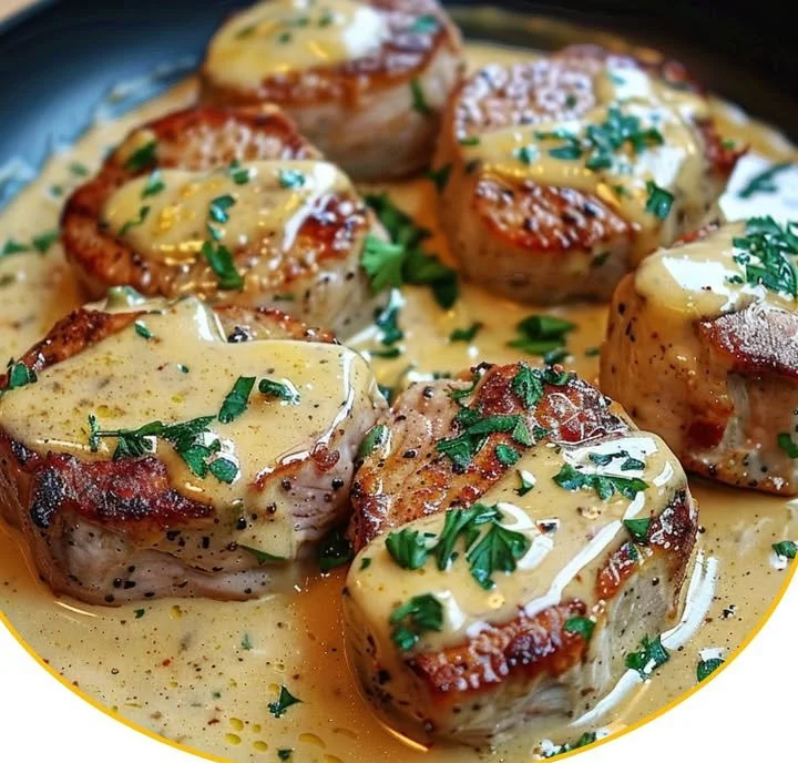 Zarte Schweinemedaillons in Senf-Sahnesauce serviert auf einem Teller