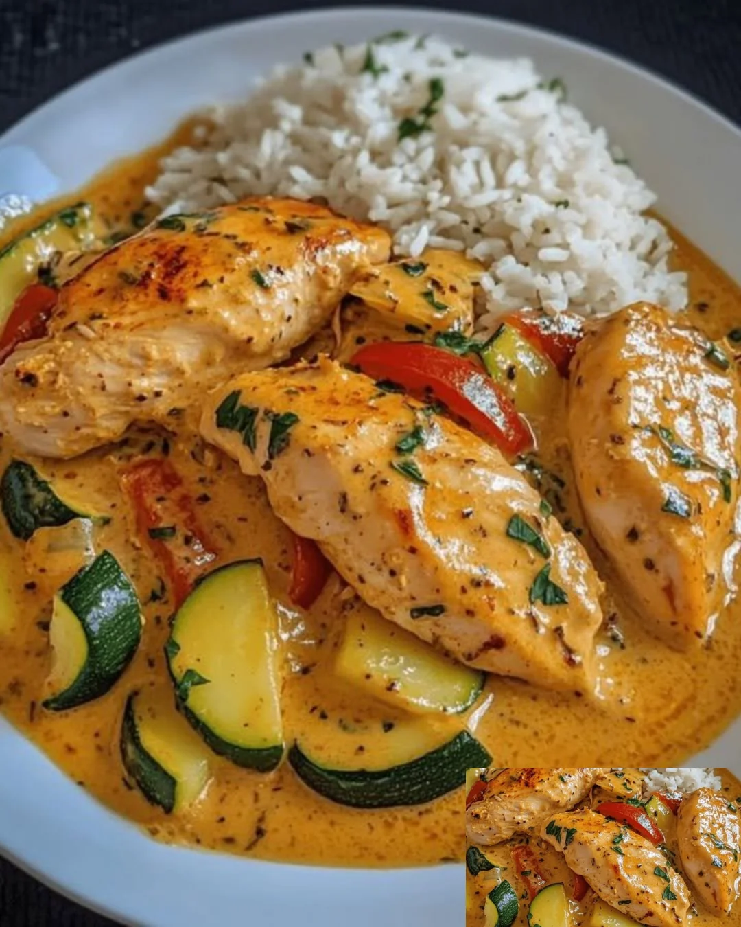 Zucchini Sahne Hähnchen Gericht mit frischen Zutaten auf einem Teller serviert.