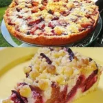 Zwetschgenkuchen mit Vanillepudding auf einem Teller serviert