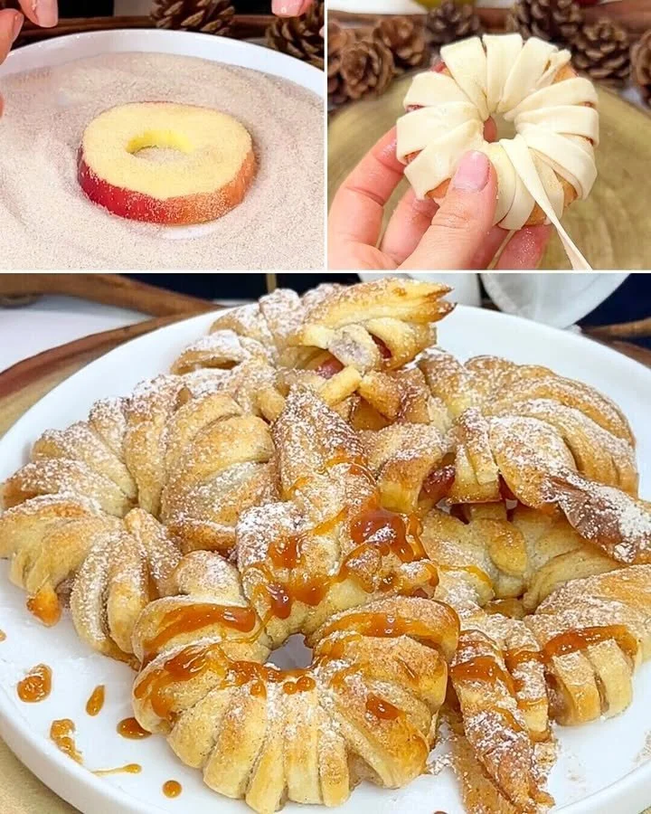 Hausgemachte 4-Zutaten Apfelringe auf einem Holzbrett