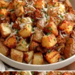 Köstliche Airfryer Knoblauch Parmesan Kartoffeln auf einem Teller serviert.