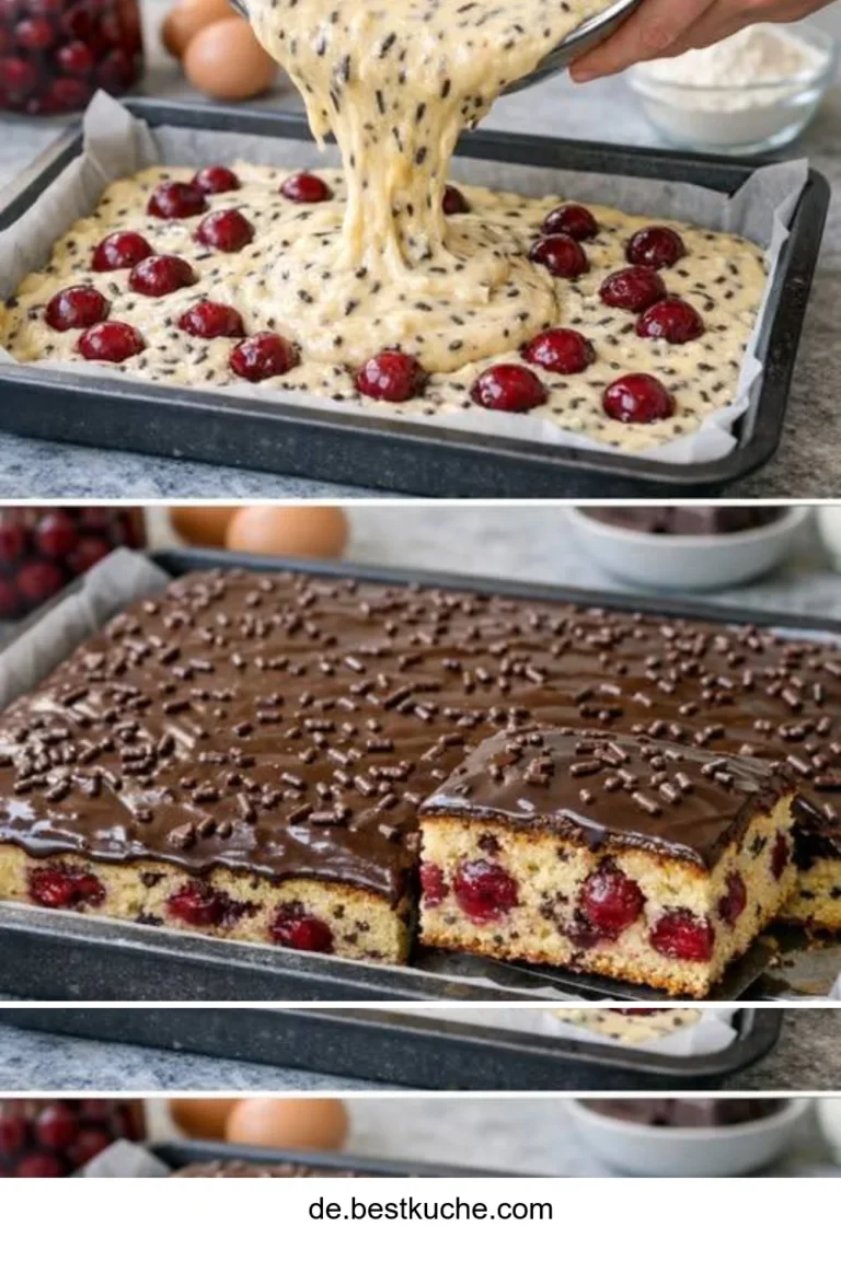Ameisenkuchen mit Kirschen auf einem Teller serviert
