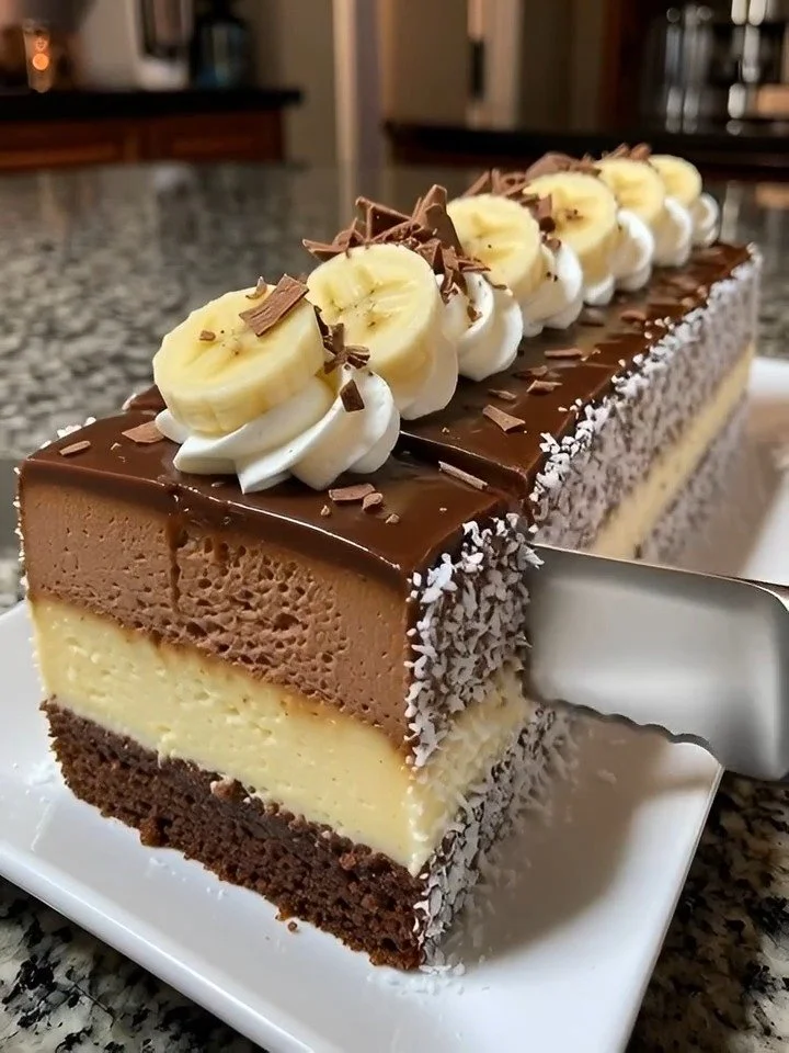 Bananen-Schokoladen-Mousse-Kuchen mit schokoladiger Garnitur und Bananenscheiben