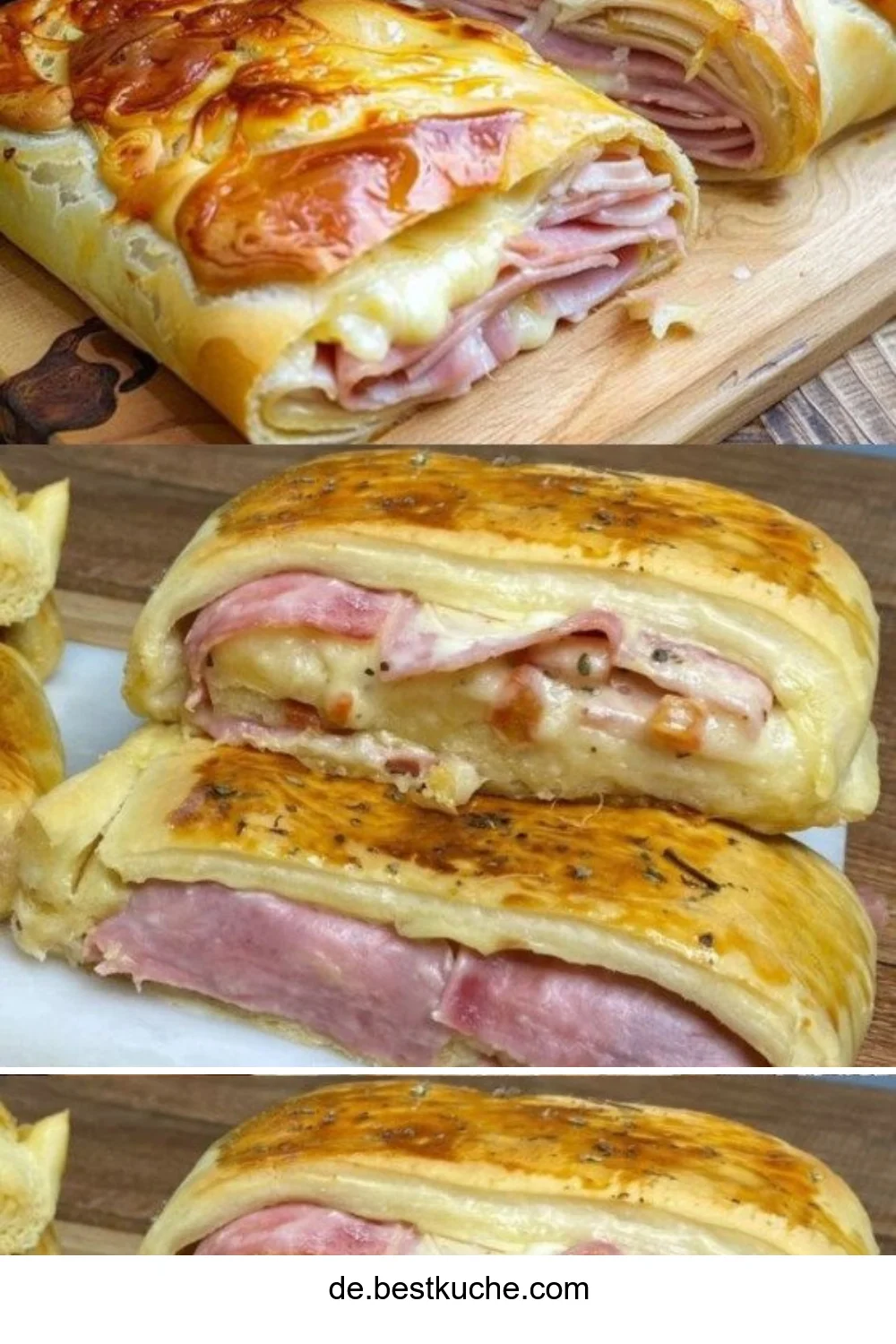 Blätterteigstrudel mit Schinken und Käse auf einem Teller