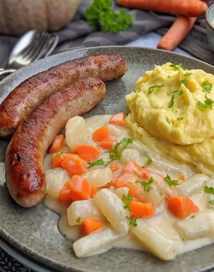 Bratwurst mit Kartoffelpüree und Gemüse auf einem Teller serviert.