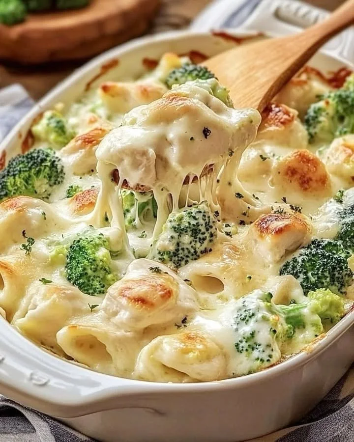 Brokkoli-Auflauf Alfredo mit Sahnesauce und Käse überbacken