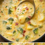 Bowl of delicious Brokkoli-Käsesuppe with cheese and broccoli garnished with herbs