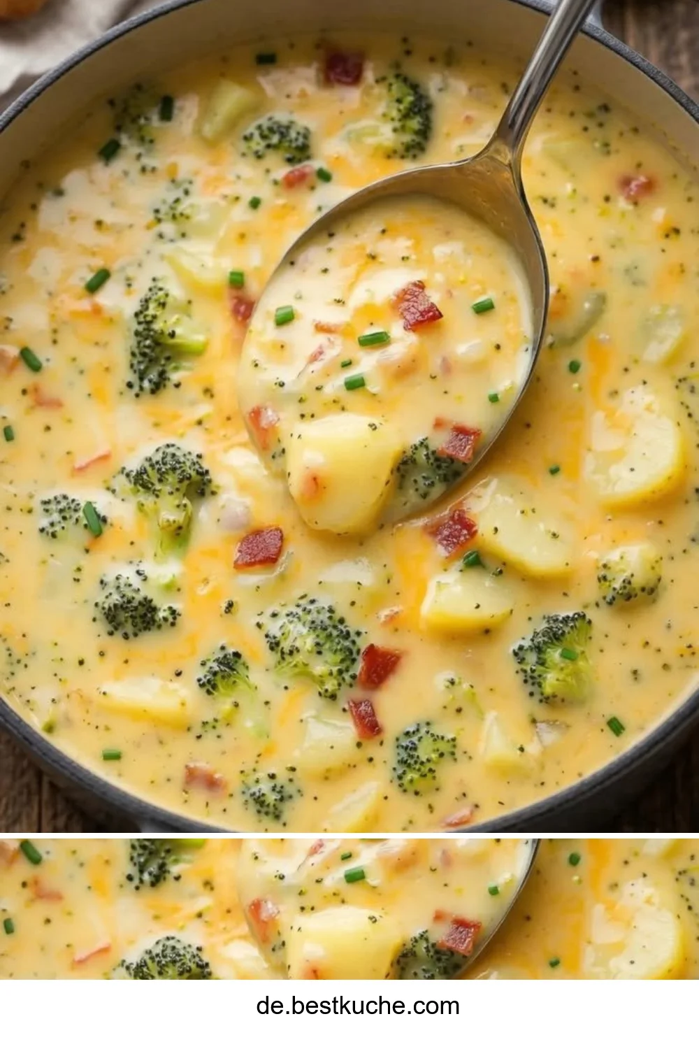 Bowl of delicious Brokkoli-Käsesuppe with cheese and broccoli garnished with herbs