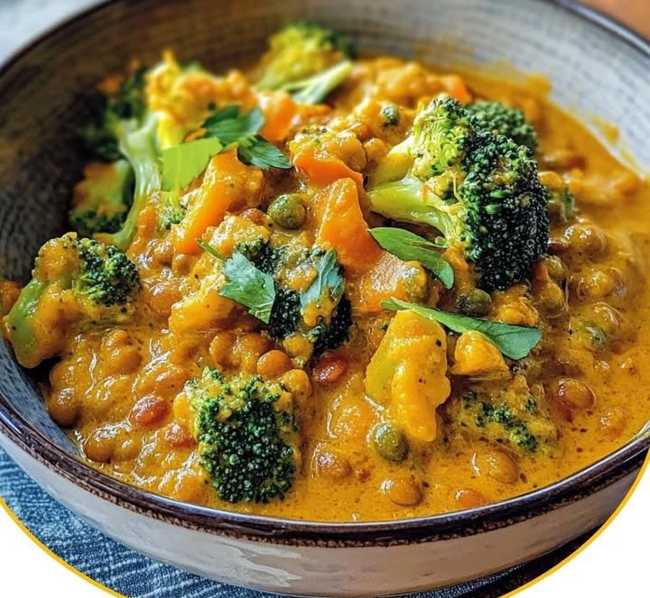 Brokkolicurry mit roten Linsen auf einem Teller serviert