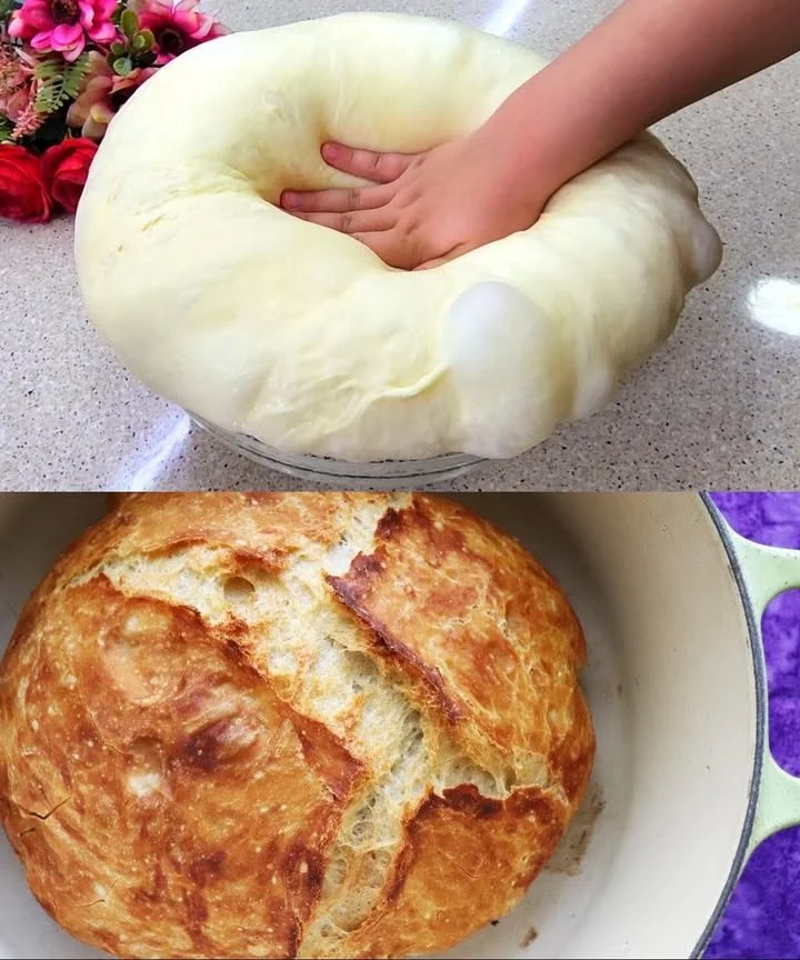 Ein Laib frisch gebackenes Brot ohne Gehzeit auf einem rustikalen Holztisch.