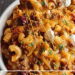 Eine Schüssel Chili-Mac-Eintopf mit Zutaten und frischen Kräutern.