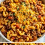 Chili Mac Eintopf mit Pasta und Käse in einer Schüssel serviert.