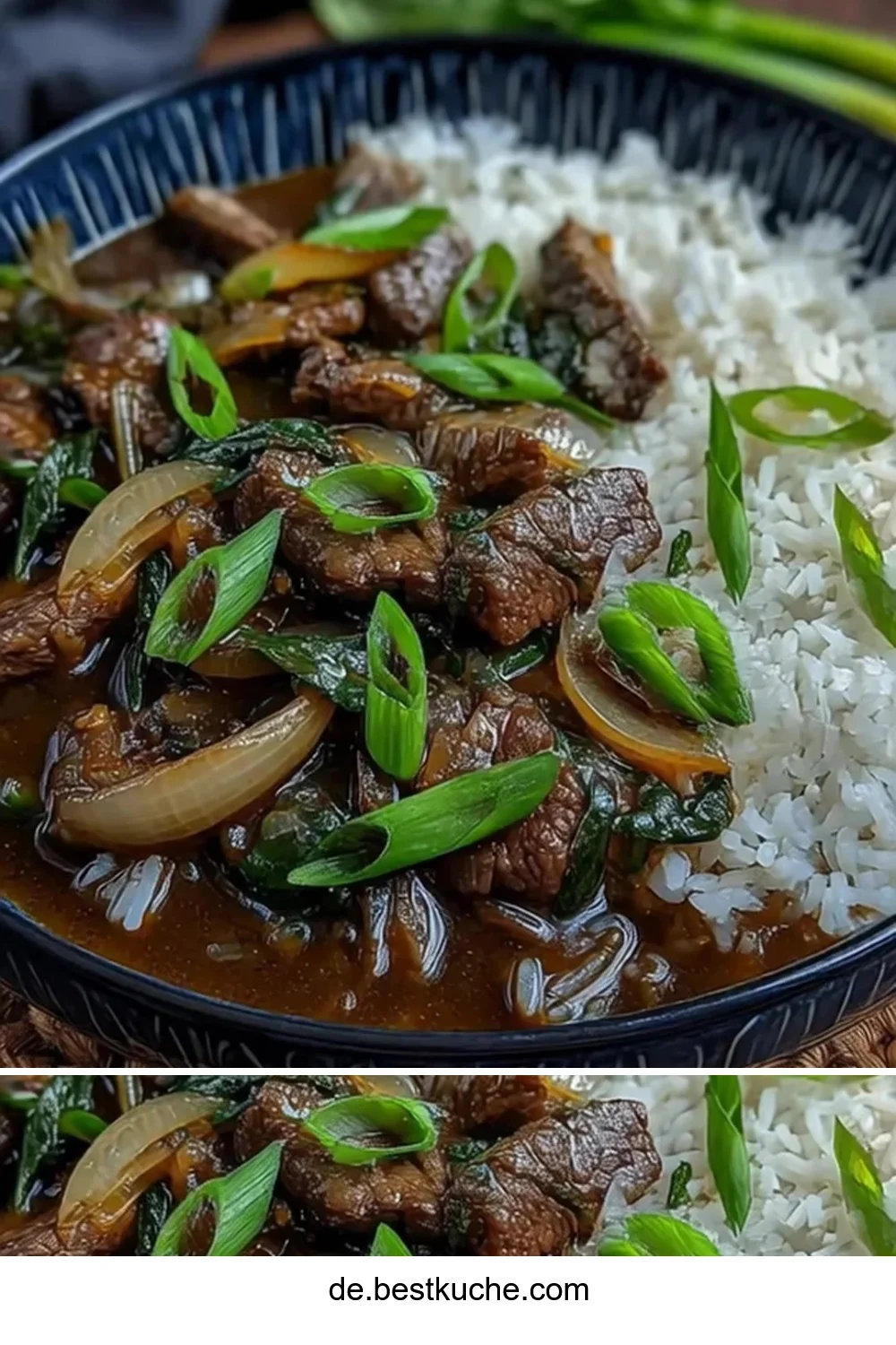 Chinesische Rindfleisch Pfanne mit Zwiebeln auf einem Teller serviert