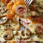 Cordon Bleu Hähnchenbrust mit cremiger Pilzsauce auf einem Teller