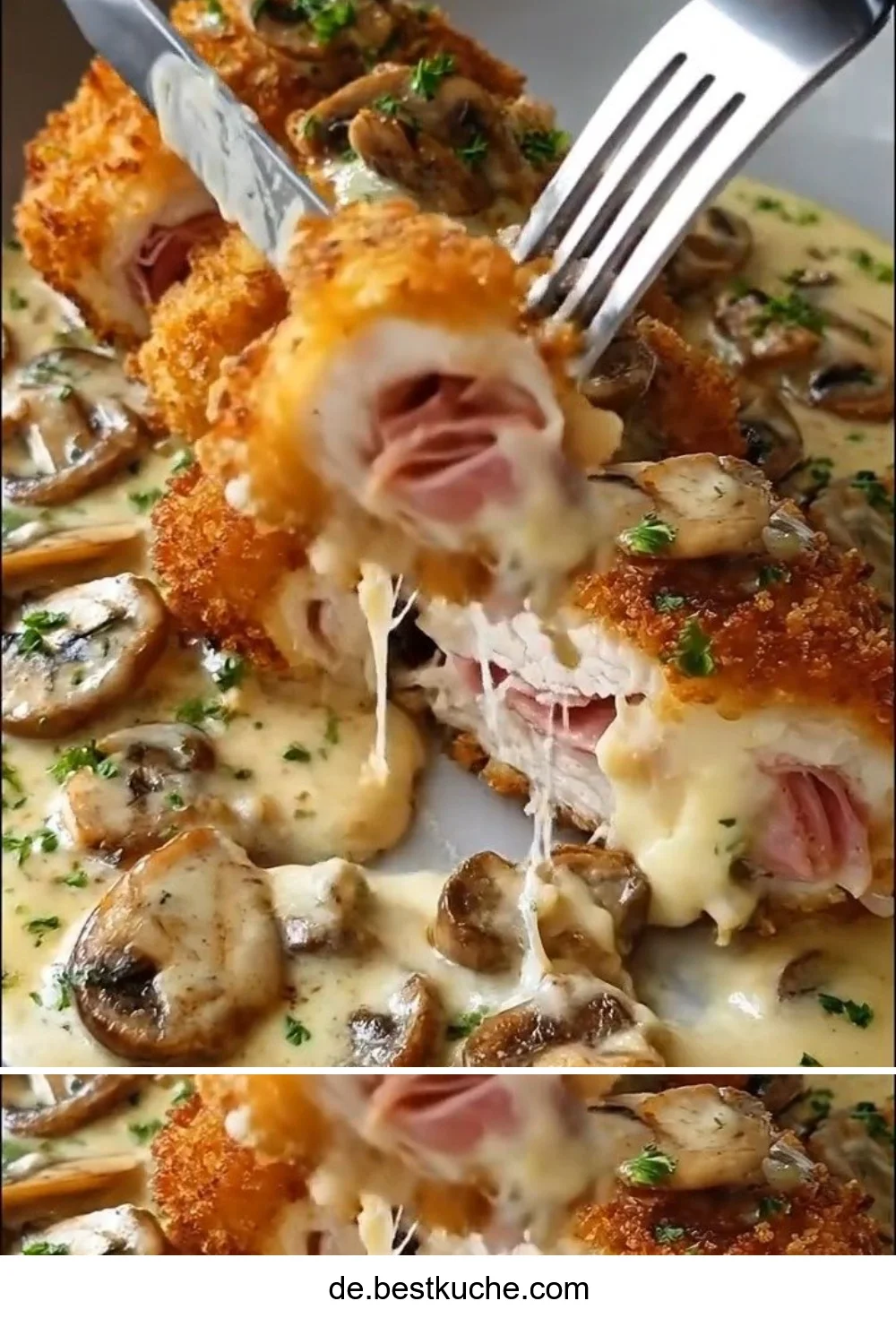 Cordon Bleu Hähnchenbrust mit cremiger Pilzsauce auf einem Teller