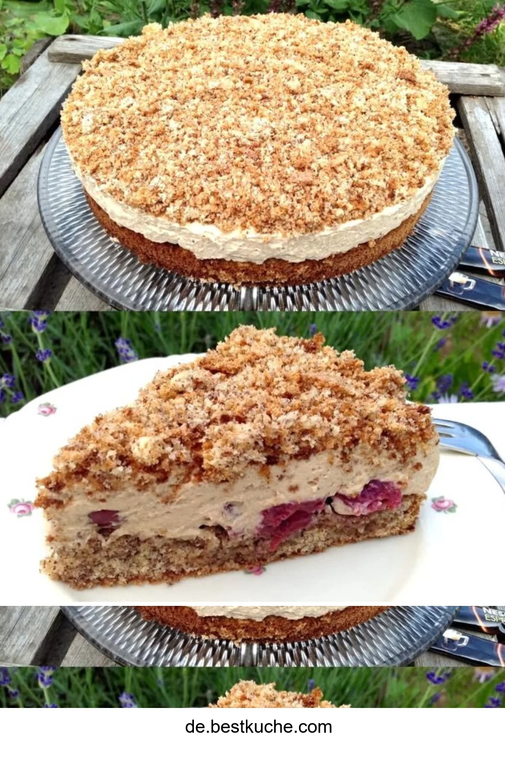 Cremige Espresso Nuss Torte mit Kirschen auf einem Teller