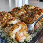 Cremige Knoblauch-Parmesan-Garnelen-Röllchen auf einem Teller angerichtet