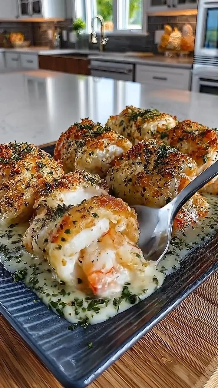 Cremige Knoblauch-Parmesan-Garnelen-Röllchen auf einem Teller angerichtet