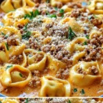 Cremige Tortellini Pfanne mit frischem Gemüse auf einem Teller serviert