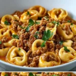 Cremige Tortellini-Pfanne mit würzigem Hackfleisch, perfekt für Pasta-Fans.
