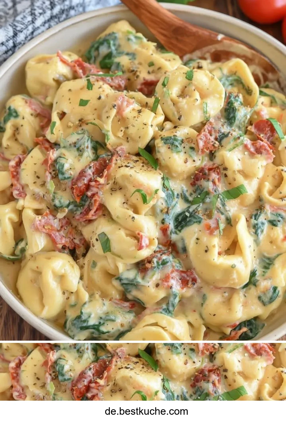 Cremige toskanische Tortellini mit frischen Zutaten auf einem Teller