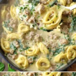 Cremige Wurst-Tortellini-Pfanne mit frischen Zutaten und würziger Soße
