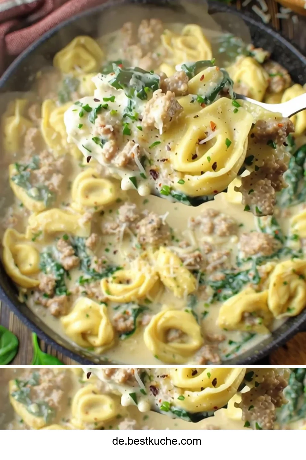 Cremige Wurst-Tortellini-Pfanne mit frischen Zutaten und würziger Soße