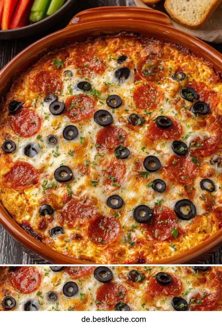 Cremiger Pizza-Party-Dip in einer Schüssel mit frischen Zutaten garniert