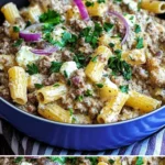 Cremiges Rigatoni mit Hack-Feta-Creme auf einem Teller serviert