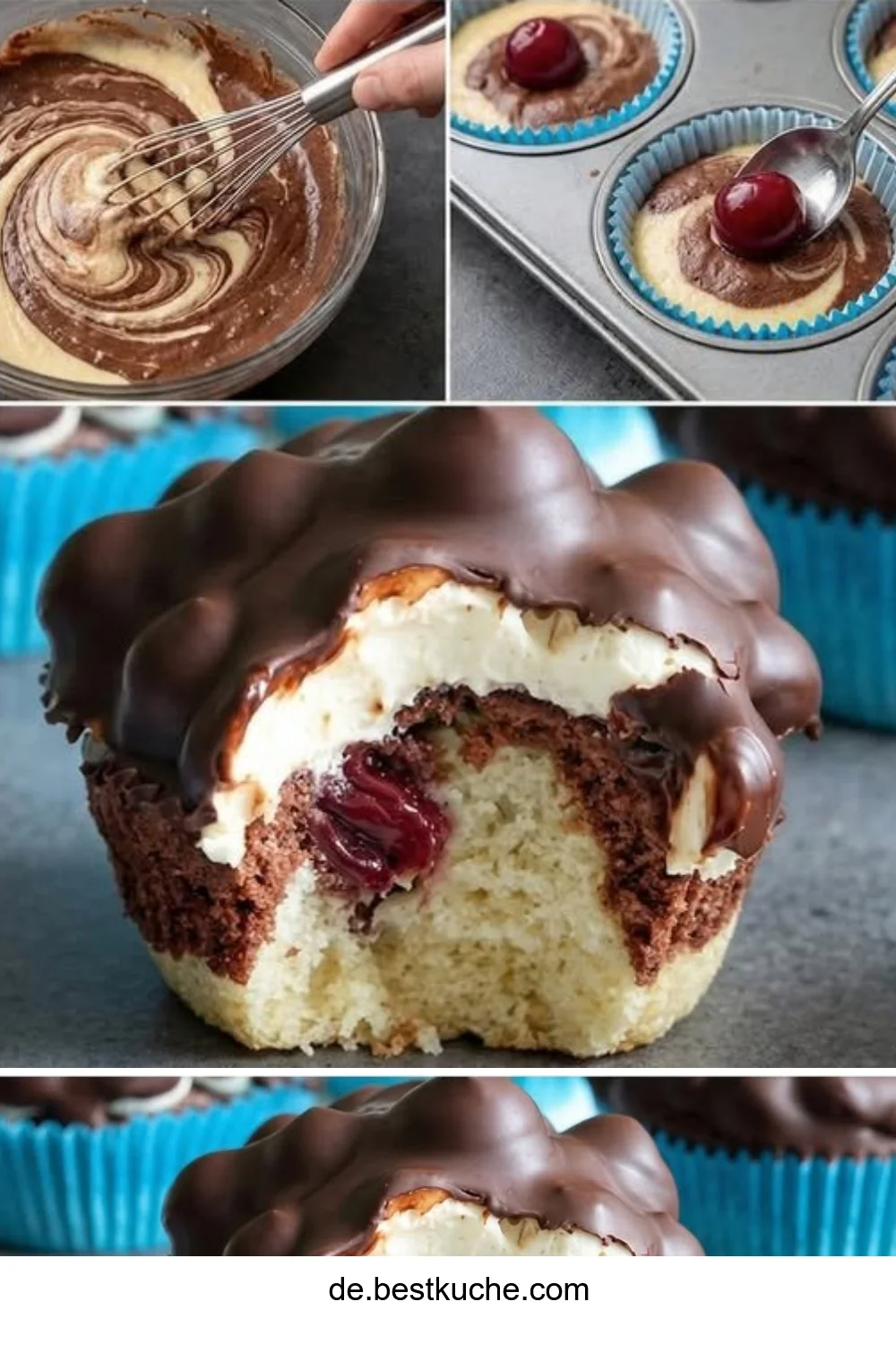 Leckere Donauwellen Muffins mit Kirschen und Schokoladenguss