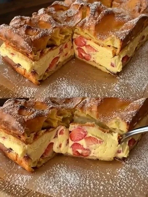 Eclair mit Vanille- und Erdbeercreme, köstliches französisches Dessert