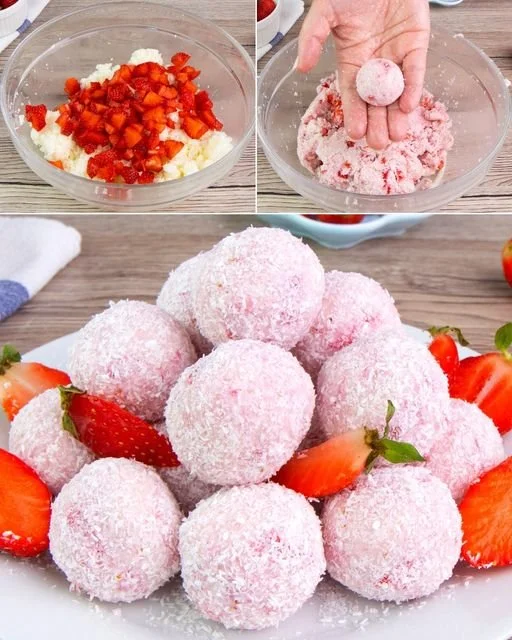 Erdbeer Kokos Trüffel mit frischen Erdbeeren und Kokosnuss verziert