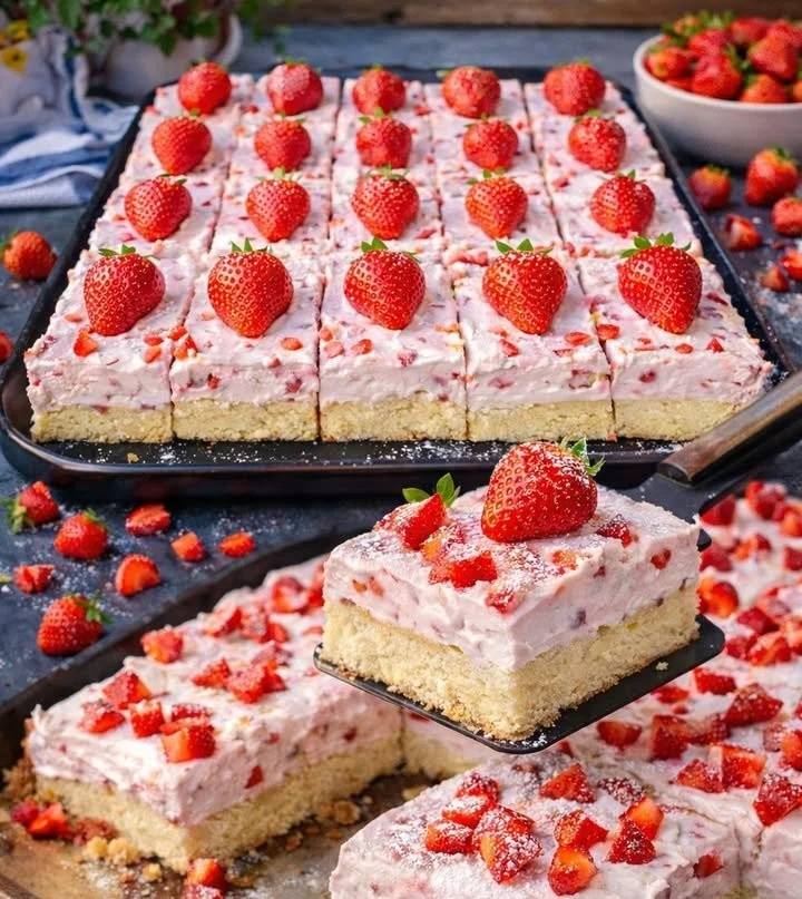 Erdbeer Schmand Schnitten Dessert mit frischen Erdbeeren und Sahne