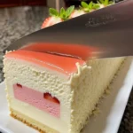 Erdbeer-Vanille-Creme-Mousse-Kuchen auf einem Teller dekoriert mit frischen Erdbeeren