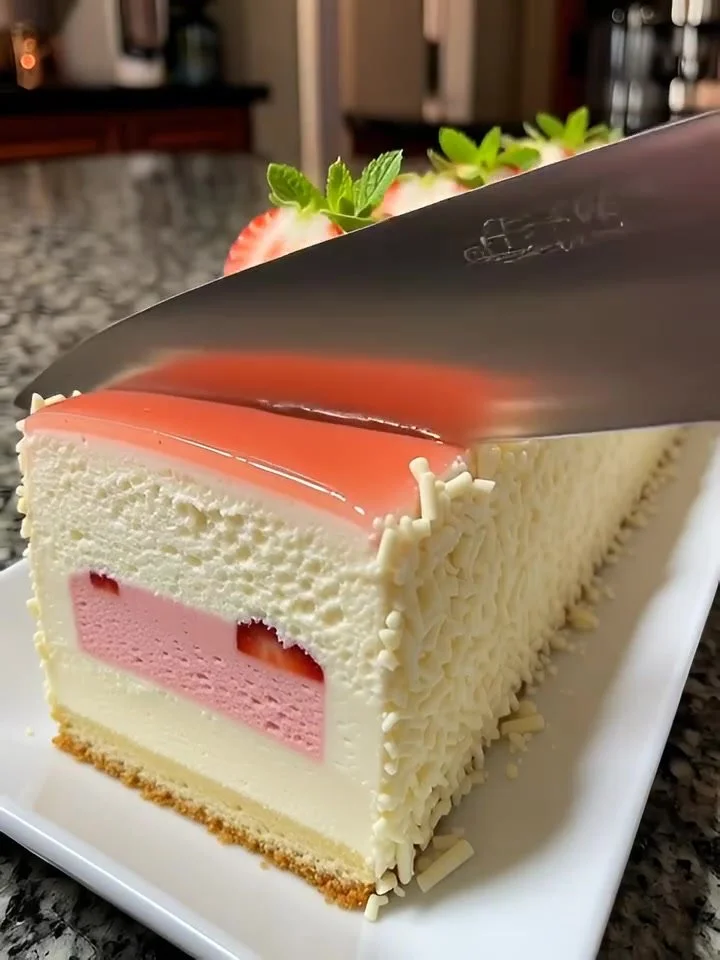 Erdbeer-Vanille-Creme-Mousse-Kuchen auf einem Teller dekoriert mit frischen Erdbeeren