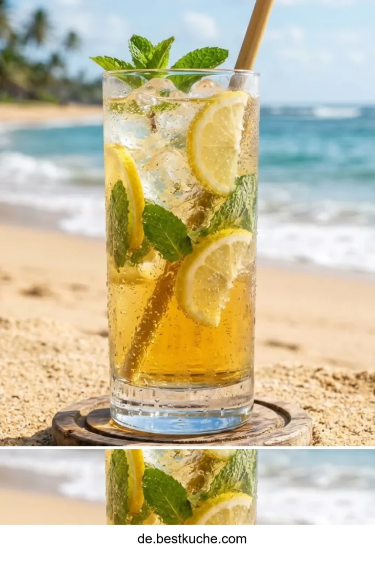 Erfrischender Sommerdrink mit bunten Früchten und Eiswürfeln