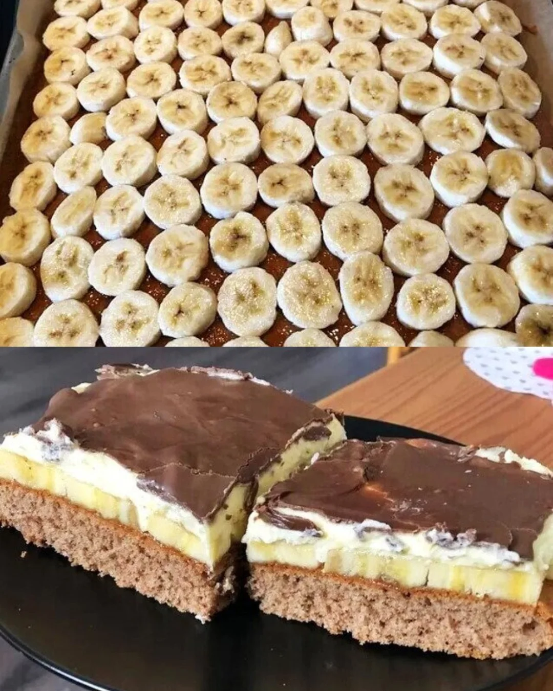 Leckerer Bananenkuchen aus dem Blech, dekoriert mit frischen Bananen und Sahne.