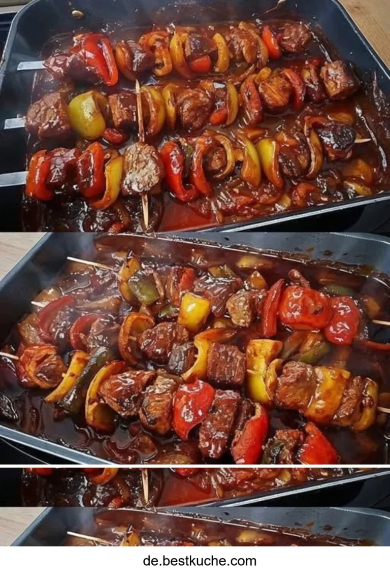 Schaschlik mit selbstgemachter Schaschliksoße auf dem Grill