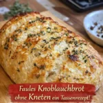 Faules Knoblauchbrot ohne Kneten auf einem Holzbrett serviert