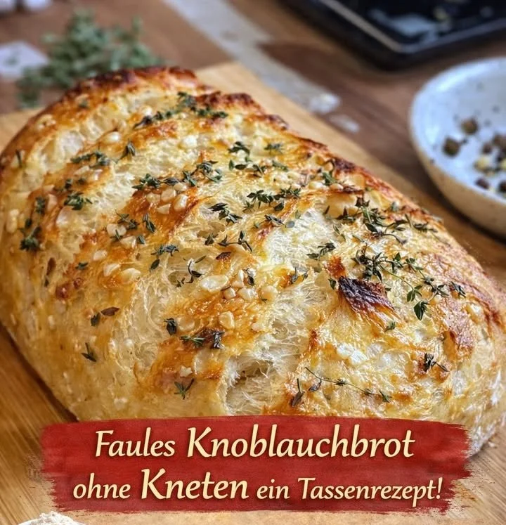 Faules Knoblauchbrot ohne Kneten auf einem Holzbrett serviert