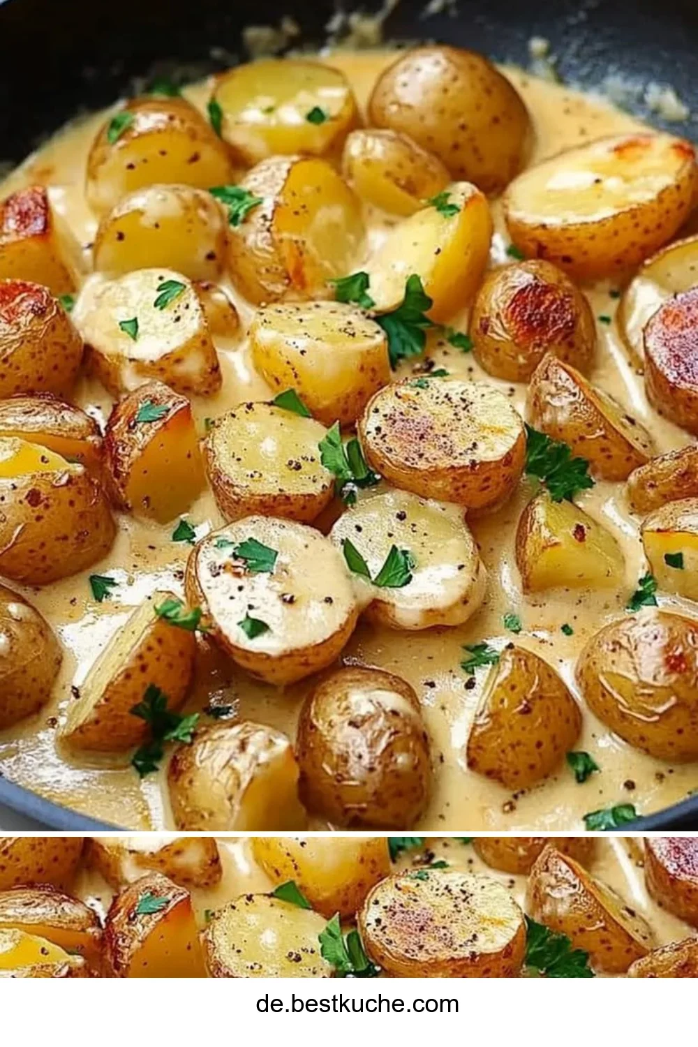 Kartoffeln in cremiger Knoblauch-Sahnesauce als Beilage serviert