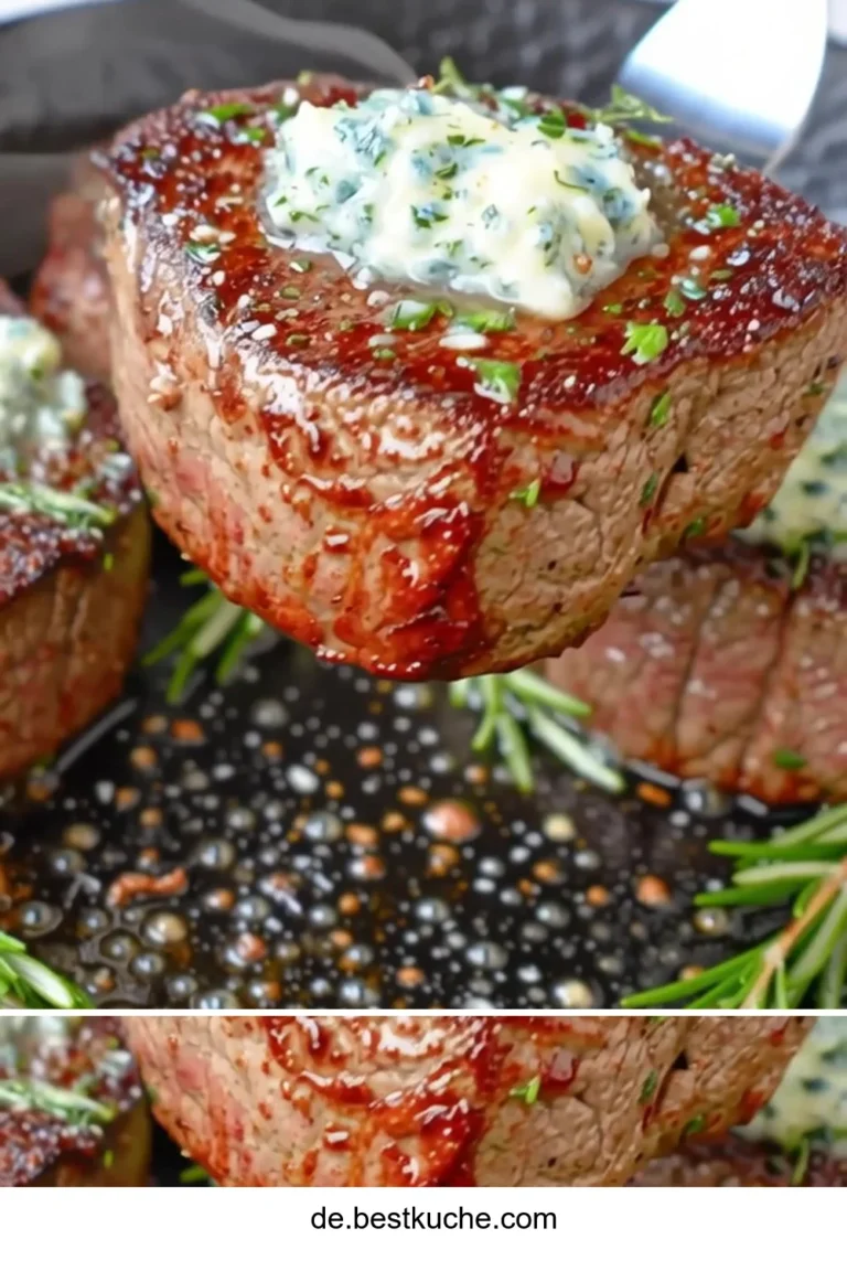 Filet Mignon mit Knoblauch-Kräuterbutter auf einem Teller angerichtet