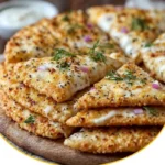 Fluffige Haferflocken-Joghurt-Fladen auf einem Teller, garniert mit frischen Früchten.