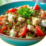 Frischer Linsensalat mit Feta und Gemüse in einer Schüssel